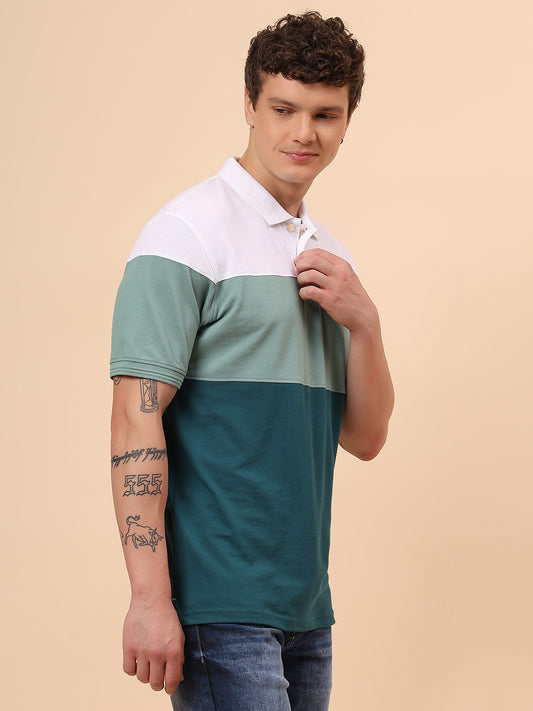 T-Shirt for Men | Breathable & Soft with Color Fastness Regular Fit Polo Neck Poly Cotton Fabric Colour Block Pattern