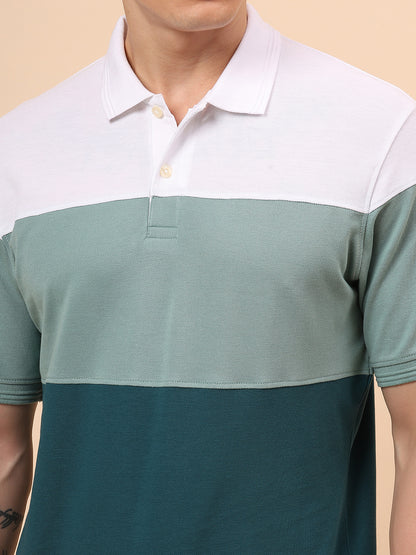 T-Shirt for Men | Breathable & Soft with Color Fastness Regular Fit Polo Neck Poly Cotton Fabric Colour Block Pattern
