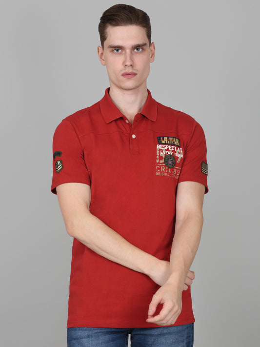 T-Shirt for Men | Breathable & Soft with Color Fastness Regular Fit Polo Neck Cotton Blend Fabric Self Design Pattern