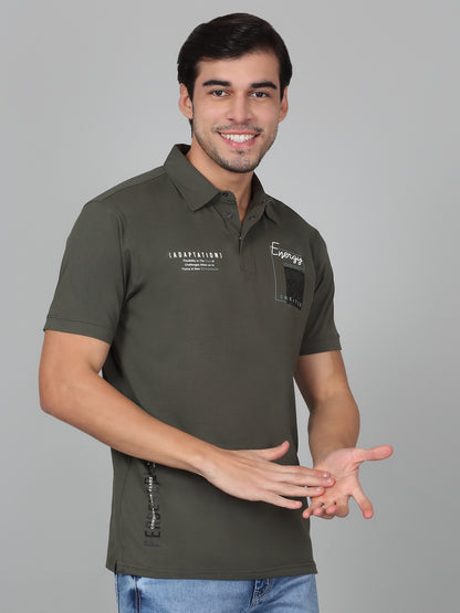T-Shirt for Men | Breathable & Soft with Color Fastness Regular Fit Polo Neck Cotton Blend Fabric Self Design Pattern