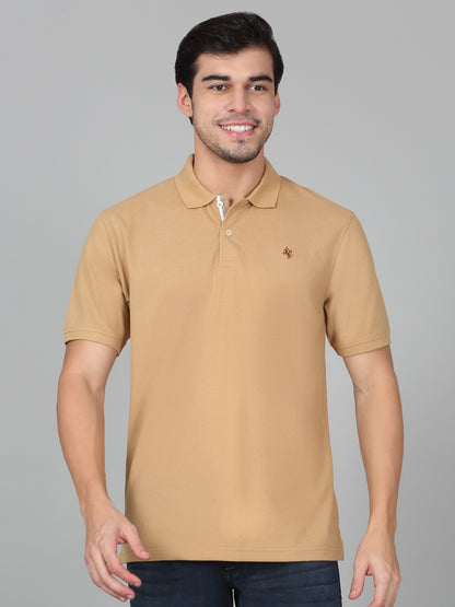 Men's Khaki Solid Regular Fit Half Sleeve Casual T-Shirt