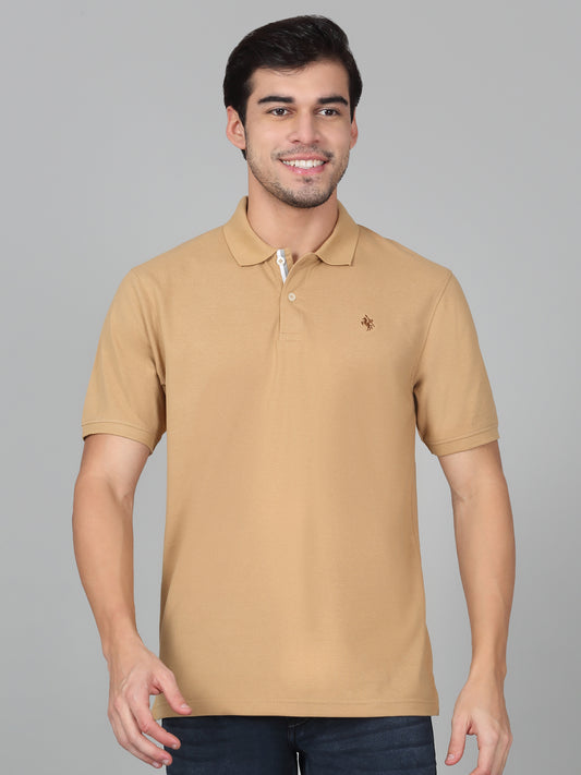 Men's Khaki Solid Regular Fit Half Sleeve Casual T-Shirt