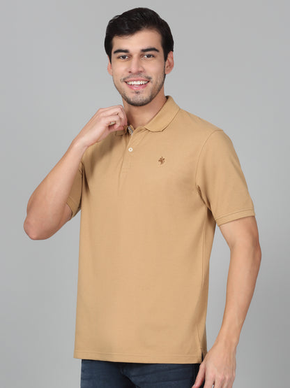 Men's Khaki Solid Regular Fit Half Sleeve Casual T-Shirt