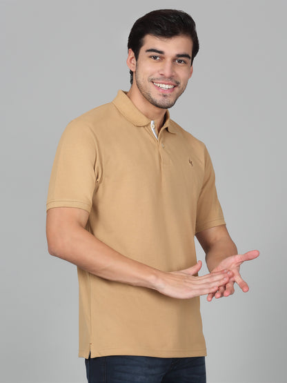 Men's Khaki Solid Regular Fit Half Sleeve Casual T-Shirt