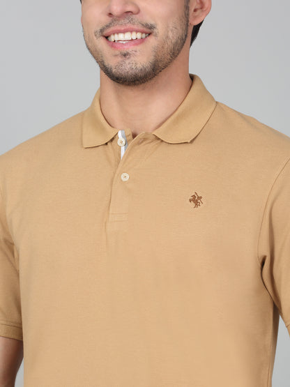 Men's Khaki Solid Regular Fit Half Sleeve Casual T-Shirt