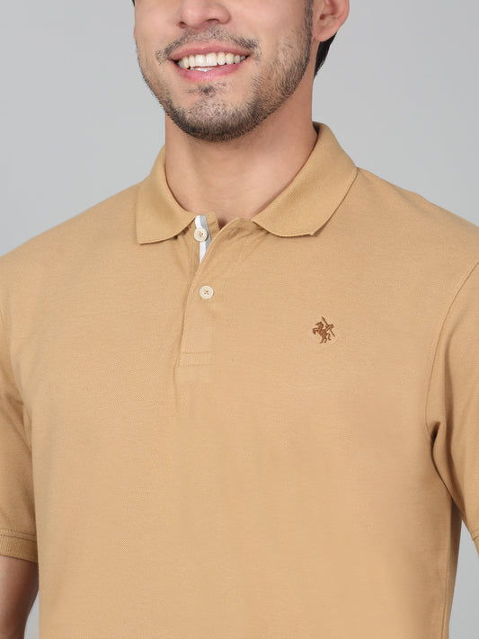 Men's Khaki Solid Regular Fit Half Sleeve Casual T-Shirt
