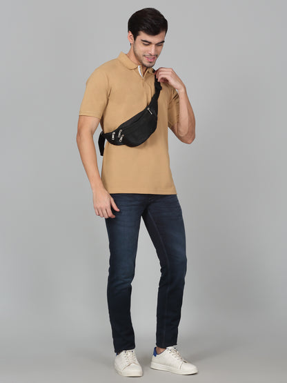 Men's Khaki Solid Regular Fit Half Sleeve Casual T-Shirt