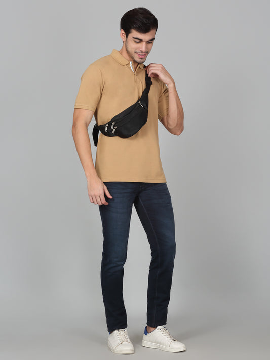 Men's Khaki Solid Regular Fit Half Sleeve Casual T-Shirt