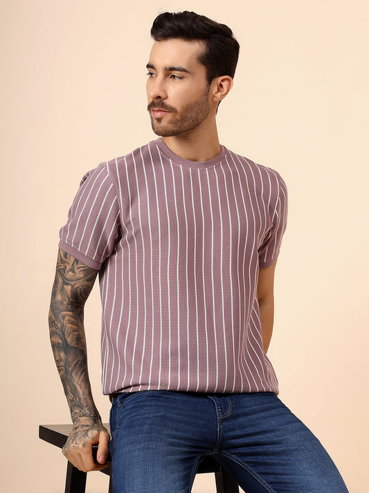T-Shirt for Men | Breathable & Soft with Color Fastness Regular Fit Round Neck Poly Cotton Fabric Striped Pattern