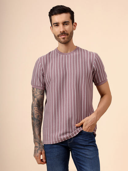 T-Shirt for Men | Breathable & Soft with Color Fastness Regular Fit Round Neck Poly Cotton Fabric Striped Pattern