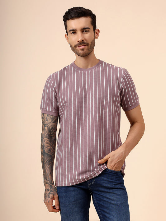 T-Shirt for Men | Breathable & Soft with Color Fastness Regular Fit Round Neck Poly Cotton Fabric Striped Pattern