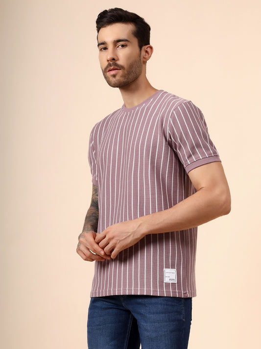 T-Shirt for Men | Breathable & Soft with Color Fastness Regular Fit Round Neck Poly Cotton Fabric Striped Pattern
