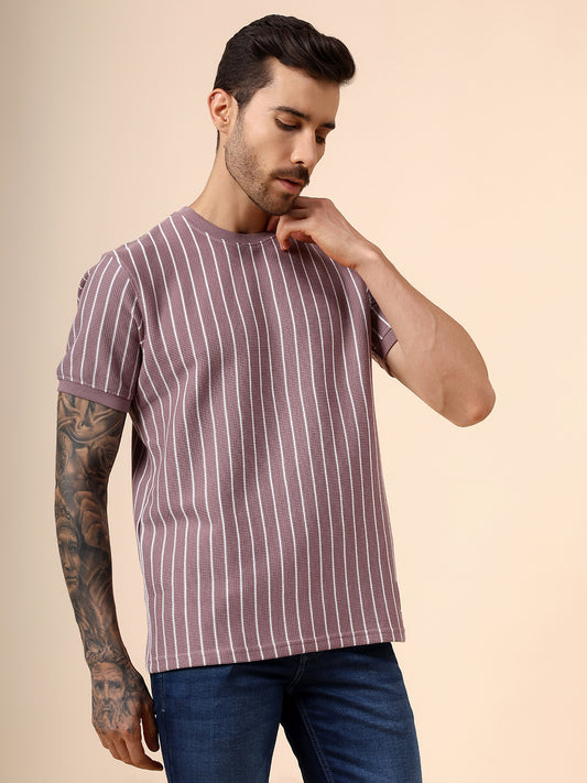 T-Shirt for Men | Breathable & Soft with Color Fastness Regular Fit Round Neck Poly Cotton Fabric Striped Pattern