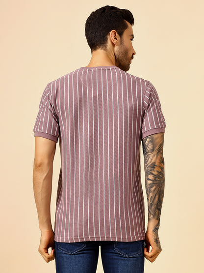 T-Shirt for Men | Breathable & Soft with Color Fastness Regular Fit Round Neck Poly Cotton Fabric Striped Pattern