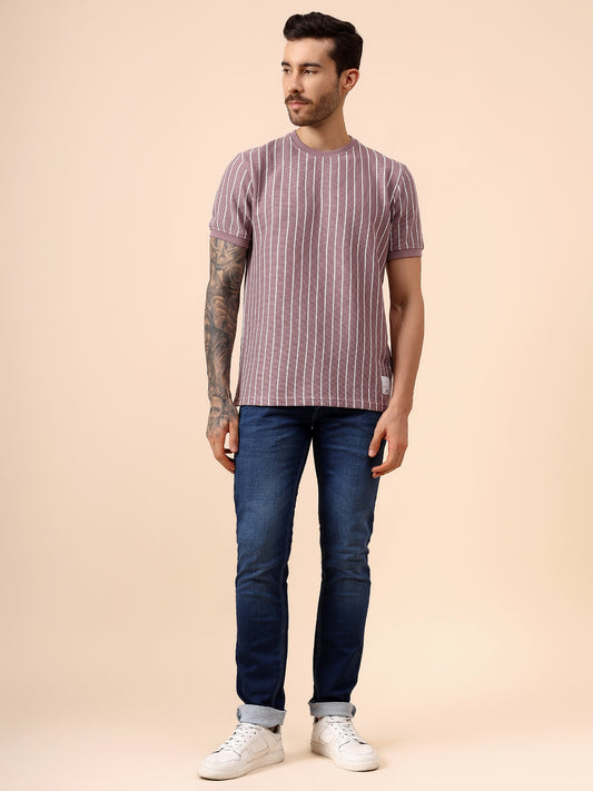 T-Shirt for Men | Breathable & Soft with Color Fastness Regular Fit Round Neck Poly Cotton Fabric Striped Pattern