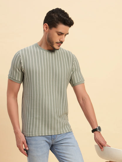 T-Shirt for Men | Breathable & Soft with Color Fastness Regular Fit Round Neck Poly Cotton Fabric Striped Pattern