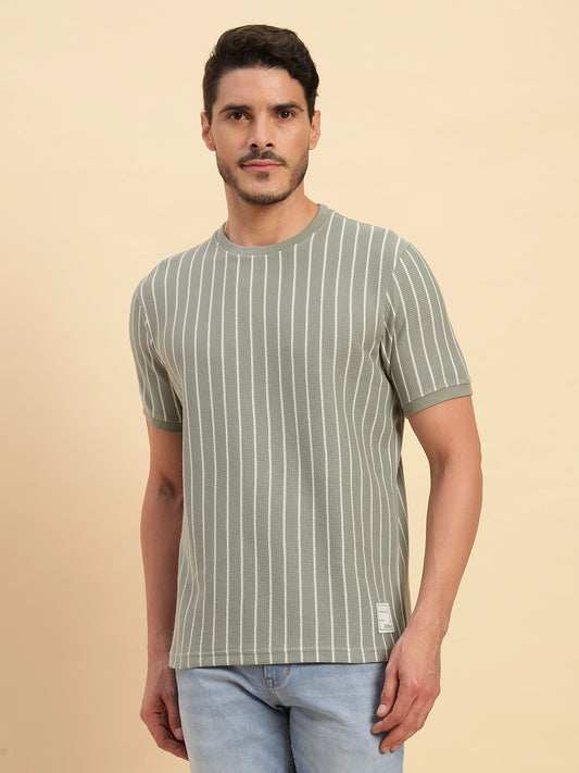 T-Shirt for Men | Breathable & Soft with Color Fastness Regular Fit Round Neck Poly Cotton Fabric Striped Pattern
