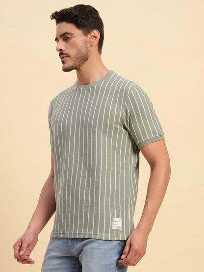 T-Shirt for Men | Breathable & Soft with Color Fastness Regular Fit Round Neck Poly Cotton Fabric Striped Pattern