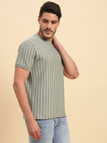 T-Shirt for Men | Breathable & Soft with Color Fastness Regular Fit Round Neck Poly Cotton Fabric Striped Pattern