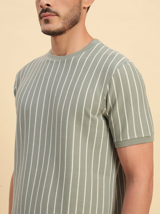 T-Shirt for Men | Breathable & Soft with Color Fastness Regular Fit Round Neck Poly Cotton Fabric Striped Pattern