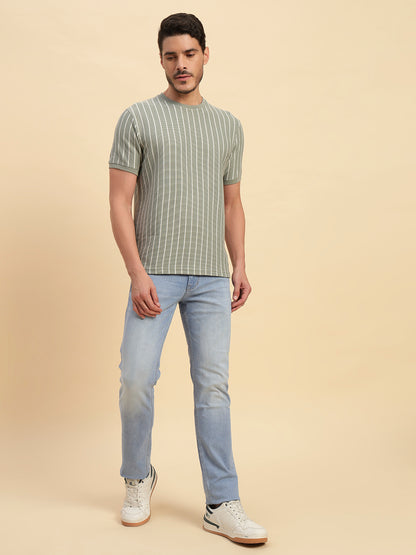 T-Shirt for Men | Breathable & Soft with Color Fastness Regular Fit Round Neck Poly Cotton Fabric Striped Pattern