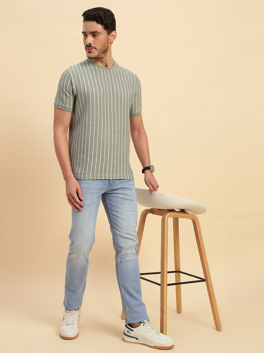 T-Shirt for Men | Breathable & Soft with Color Fastness Regular Fit Round Neck Poly Cotton Fabric Striped Pattern