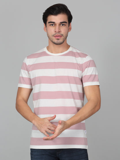 T-Shirt for Men | Breathable & Soft with Color Fastness Regular Fit Round Neck Poly Cotton Fabric Striped Pattern