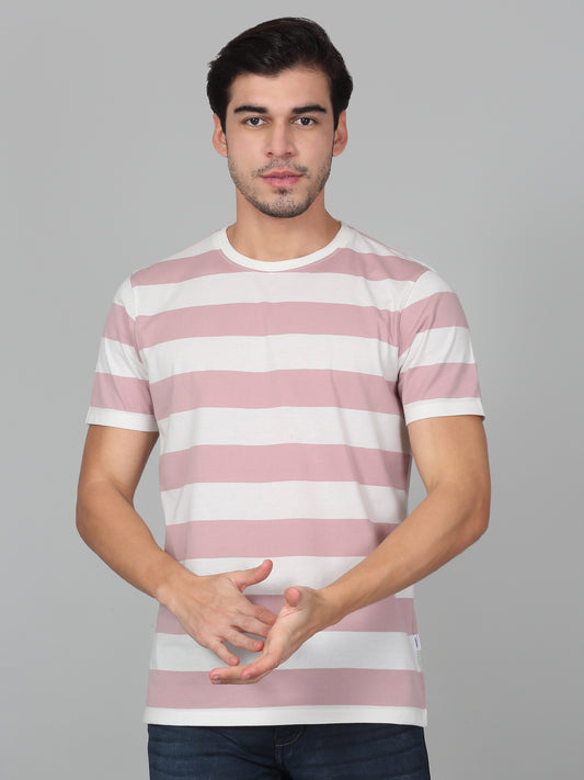 T-Shirt for Men | Breathable & Soft with Color Fastness Regular Fit Round Neck Poly Cotton Fabric Striped Pattern