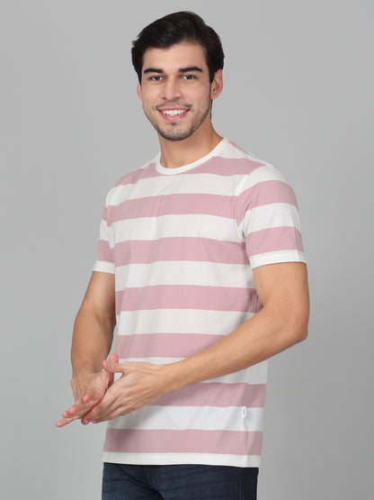 T-Shirt for Men | Breathable & Soft with Color Fastness Regular Fit Round Neck Poly Cotton Fabric Striped Pattern