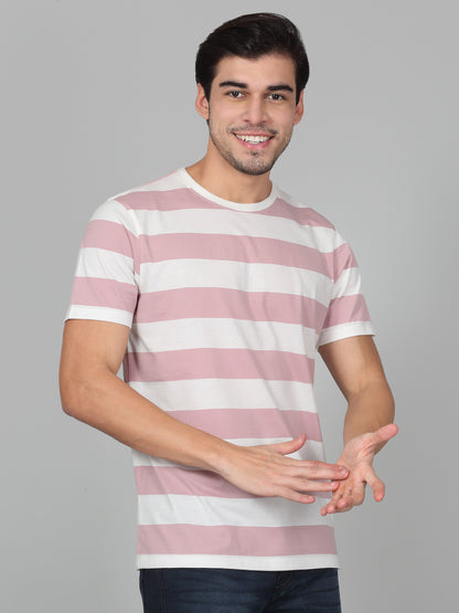 T-Shirt for Men | Breathable & Soft with Color Fastness Regular Fit Round Neck Poly Cotton Fabric Striped Pattern