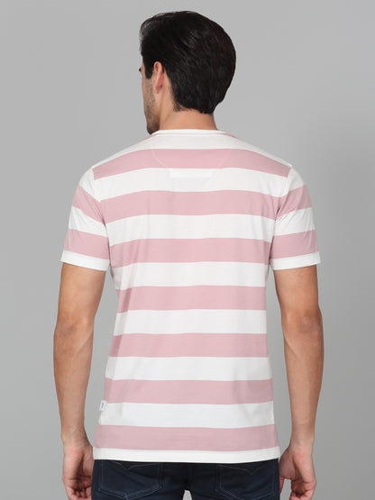 T-Shirt for Men | Breathable & Soft with Color Fastness Regular Fit Round Neck Poly Cotton Fabric Striped Pattern