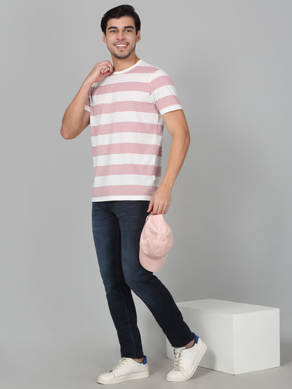 T-Shirt for Men | Breathable & Soft with Color Fastness Regular Fit Round Neck Poly Cotton Fabric Striped Pattern