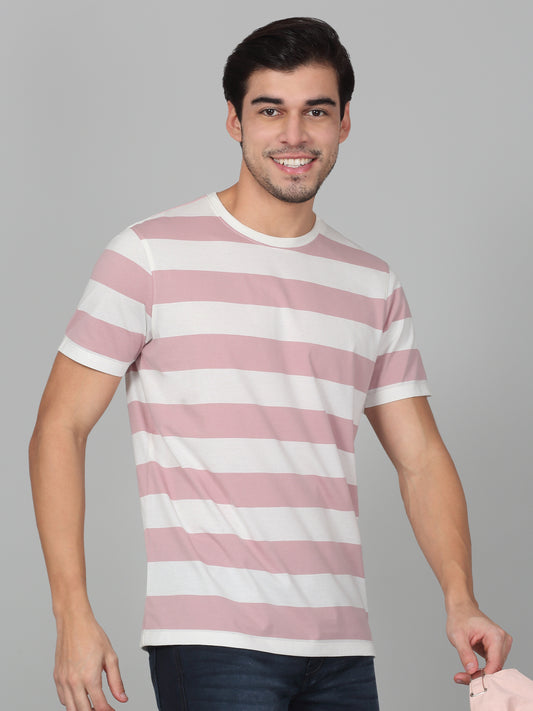 T-Shirt for Men | Breathable & Soft with Color Fastness Regular Fit Round Neck Poly Cotton Fabric Striped Pattern