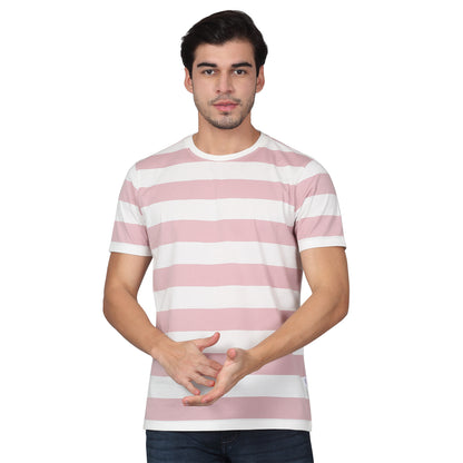 T-Shirt for Men | Breathable & Soft with Color Fastness Regular Fit Round Neck Poly Cotton Fabric Striped Pattern