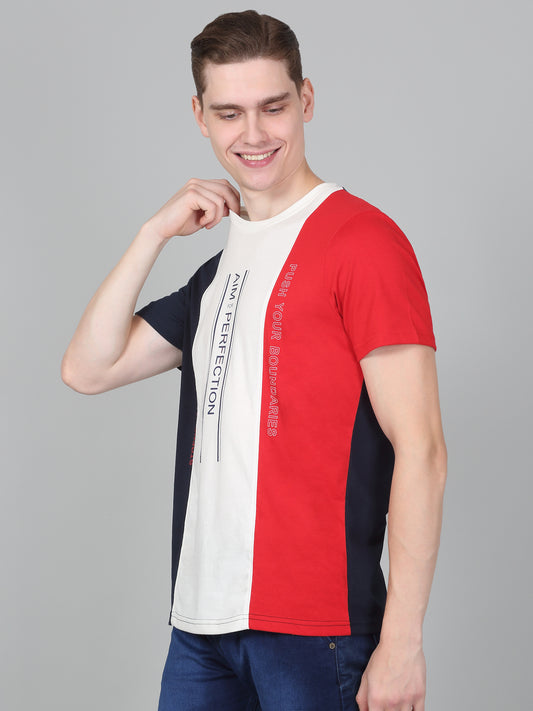Men's Red Colourblocked Regular Fit Half Sleeve Casual Round Neck T-Shirt