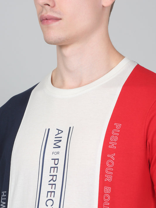 Men's Red Colourblocked Regular Fit Half Sleeve Casual Round Neck T-Shirt