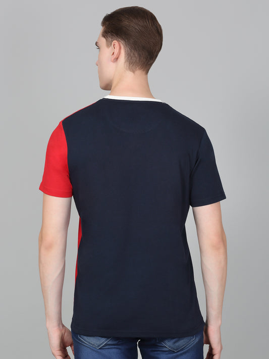 Men's Red Colourblocked Regular Fit Half Sleeve Casual Round Neck T-Shirt