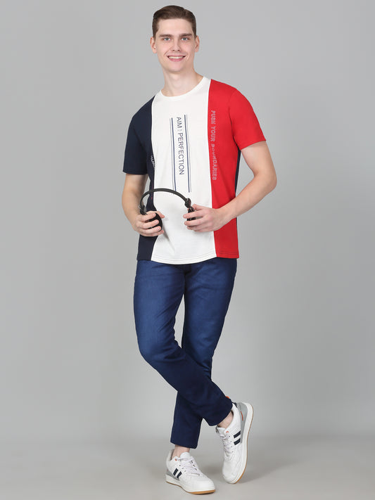 Men's Red Colourblocked Regular Fit Half Sleeve Casual Round Neck T-Shirt