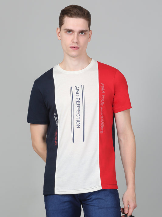 Men's Red Colourblocked Regular Fit Half Sleeve Casual Round Neck T-Shirt