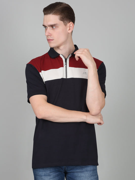T-Shirt for Men | Breathable & Soft with Color Fastness Regular Fit Polo Neck Cotton Blend Fabric Colour Block Pattern
