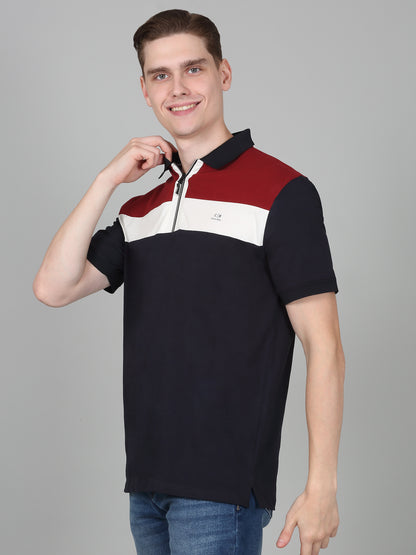 T-Shirt for Men | Breathable & Soft with Color Fastness Regular Fit Polo Neck Cotton Blend Fabric Colour Block Pattern