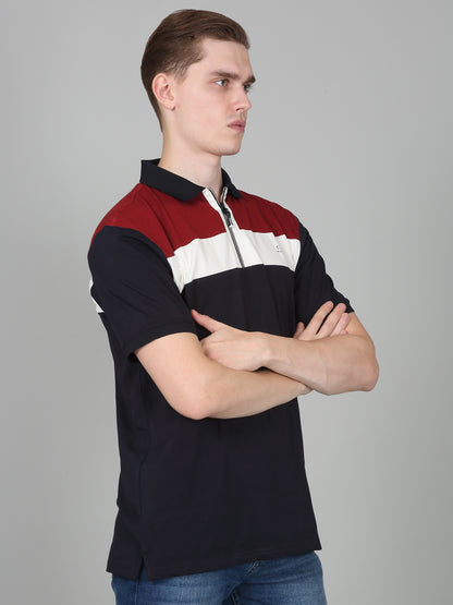 T-Shirt for Men | Breathable & Soft with Color Fastness Regular Fit Polo Neck Cotton Blend Fabric Colour Block Pattern