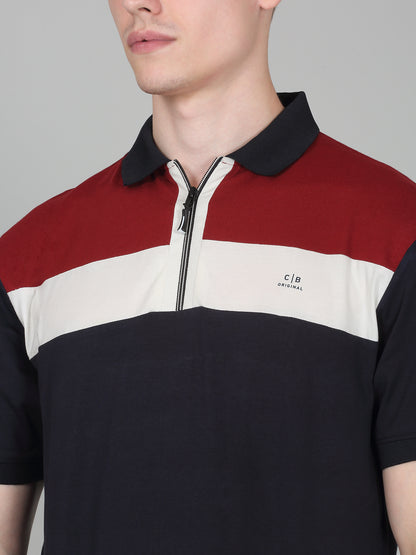 T-Shirt for Men | Breathable & Soft with Color Fastness Regular Fit Polo Neck Cotton Blend Fabric Colour Block Pattern