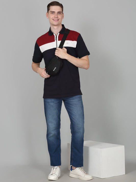 T-Shirt for Men | Breathable & Soft with Color Fastness Regular Fit Polo Neck Cotton Blend Fabric Colour Block Pattern