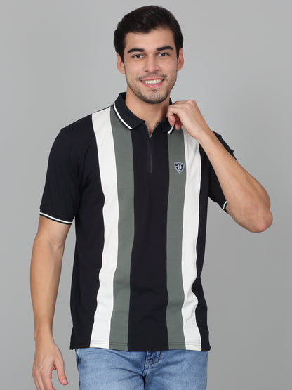 T-Shirt for Men | Breathable & Soft with Color Fastness Regular Fit Polo Neck Cotton Blend Fabric Striped Pattern