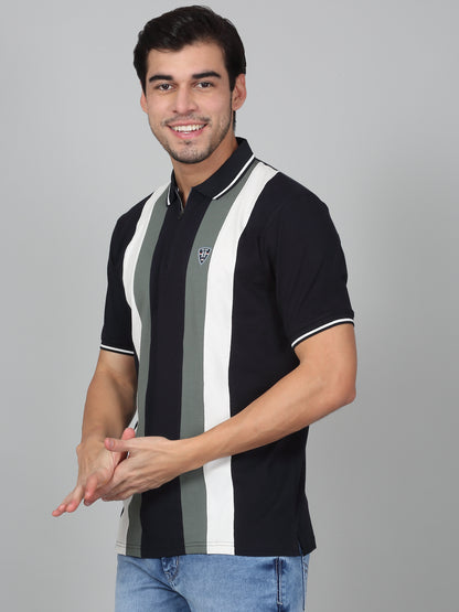 T-Shirt for Men | Breathable & Soft with Color Fastness Regular Fit Polo Neck Cotton Blend Fabric Striped Pattern