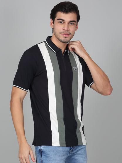 T-Shirt for Men | Breathable & Soft with Color Fastness Regular Fit Polo Neck Cotton Blend Fabric Striped Pattern