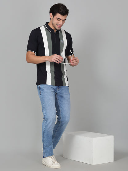T-Shirt for Men | Breathable & Soft with Color Fastness Regular Fit Polo Neck Cotton Blend Fabric Striped Pattern