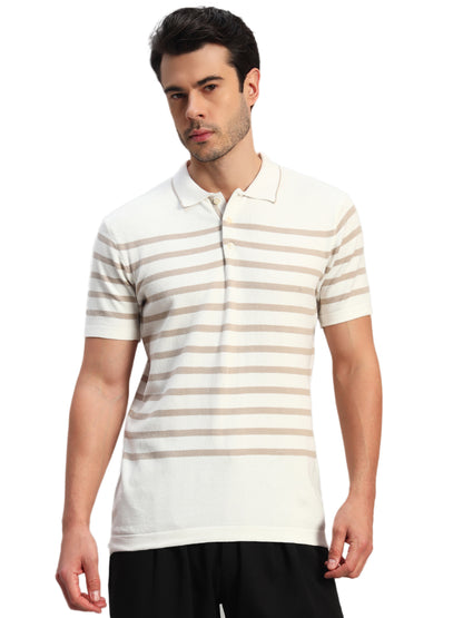 T-Shirt for Men | Breathable & Soft with Color Fastness Regular Fit Polo Neck Cotton Blend Fabric Striped Pattern