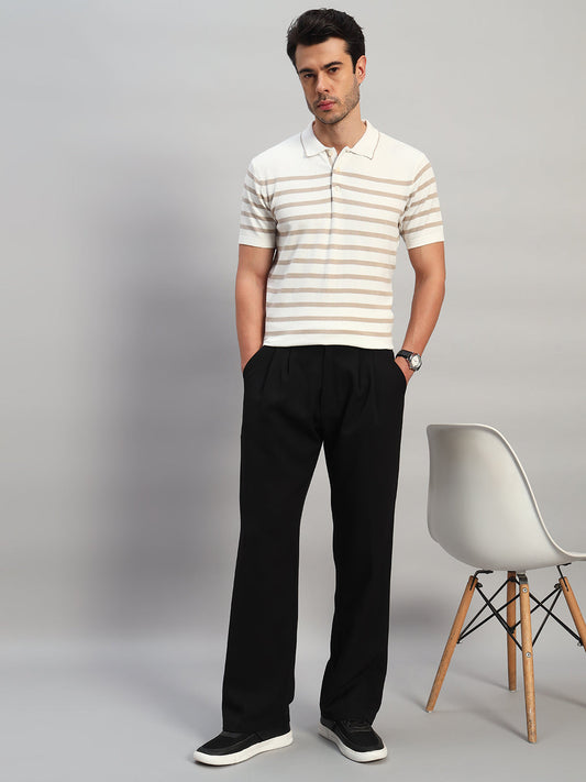 T-Shirt for Men | Breathable & Soft with Color Fastness Regular Fit Polo Neck Cotton Blend Fabric Striped Pattern